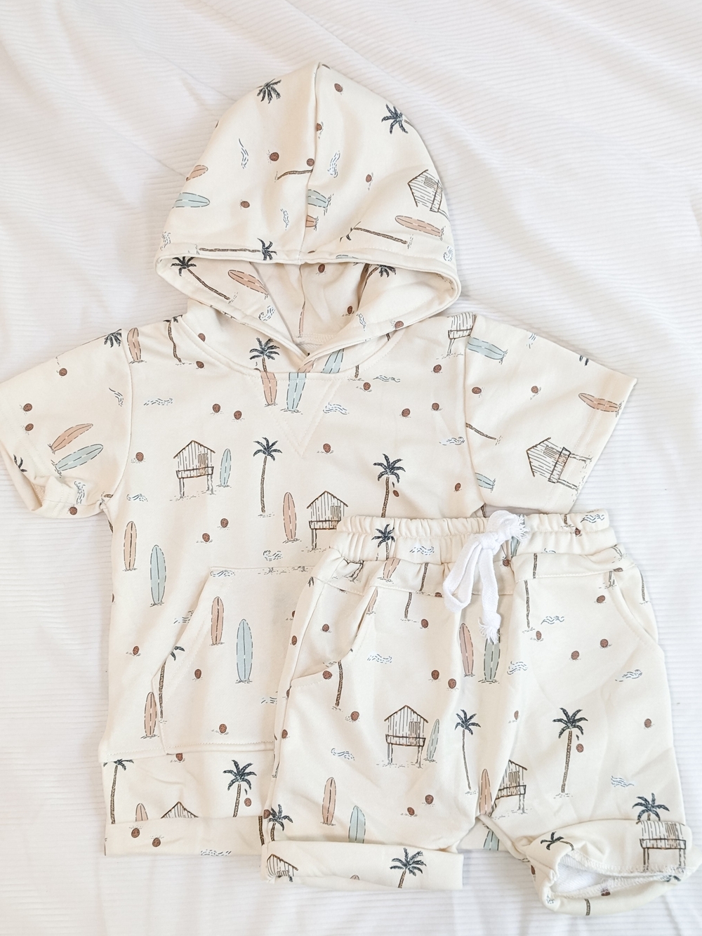 Kids Cream Palm & Surf Hoodie and Shorts Set
